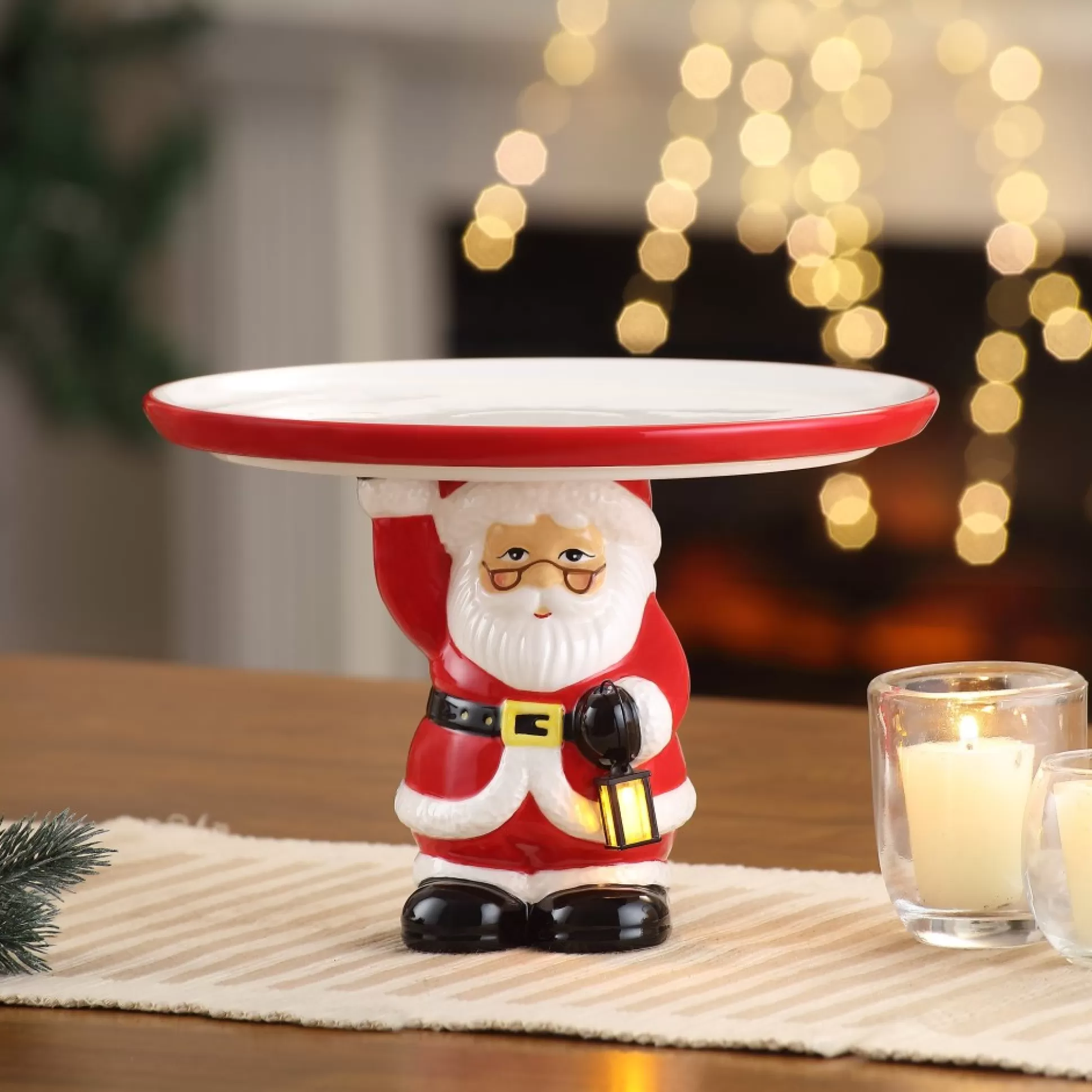 New Mr. Christmas 10" Nostalgic Ceramic Cake Plate - White Santa