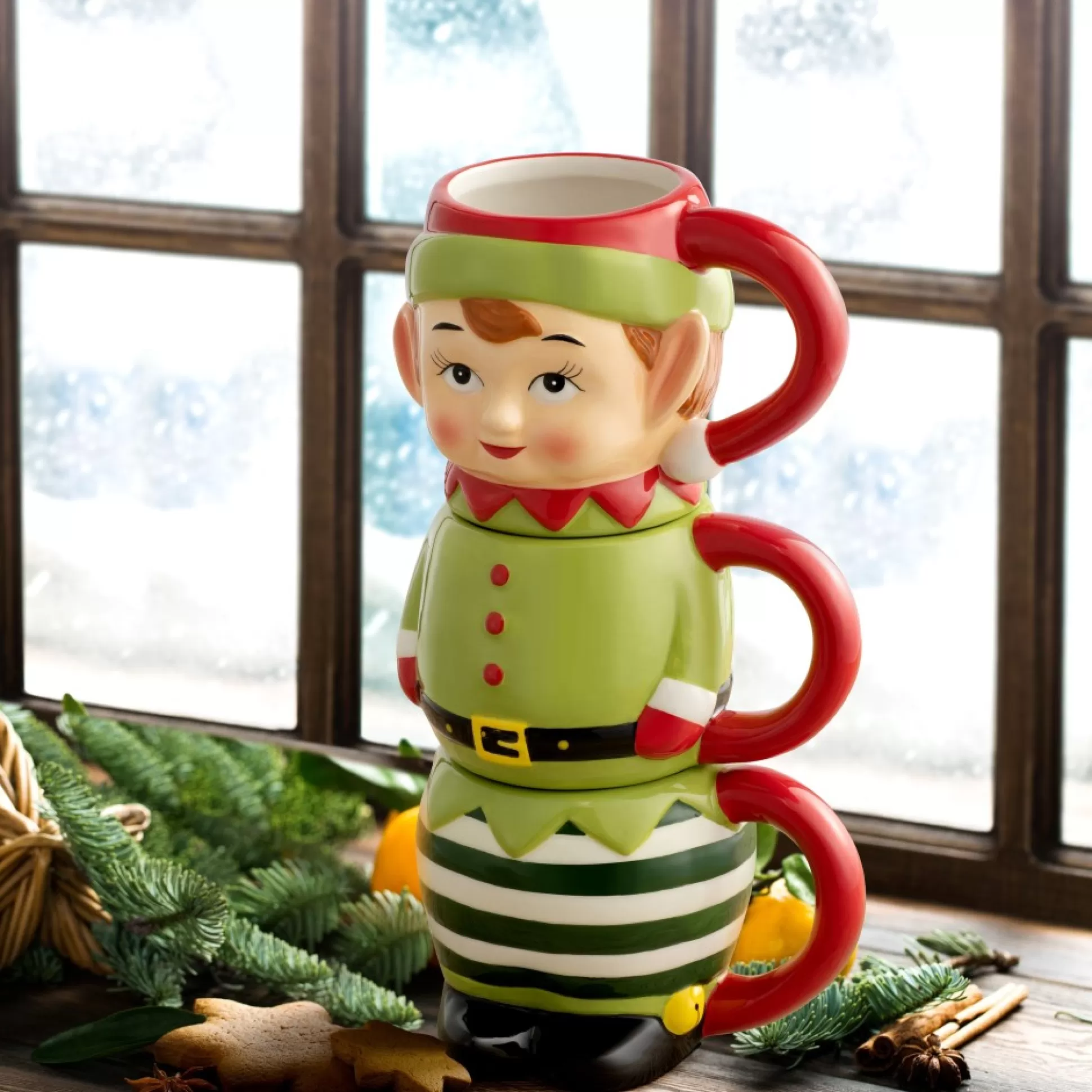 Store Mr. Christmas 12Oz Set Of 3 Ceramic Stacking Mugs - Elf
