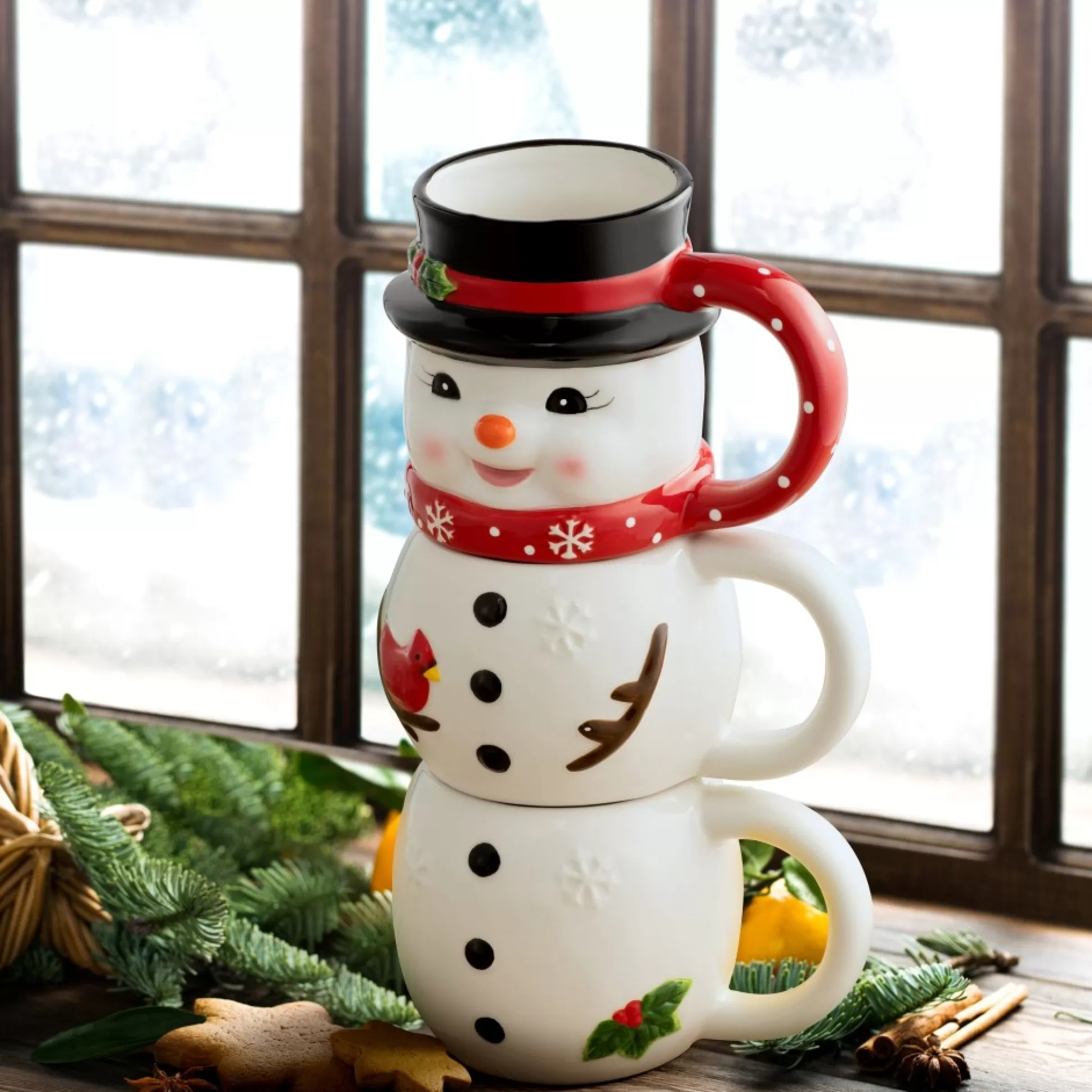 Hot Mr. Christmas 12Oz Set Of 3 Ceramic Stacking Mugs - Snowman
