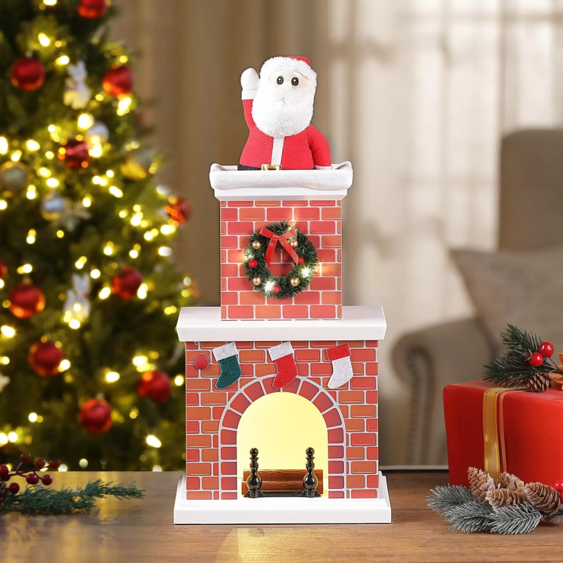Store Mr. Christmas 16" Animated Santa In Chimney - White