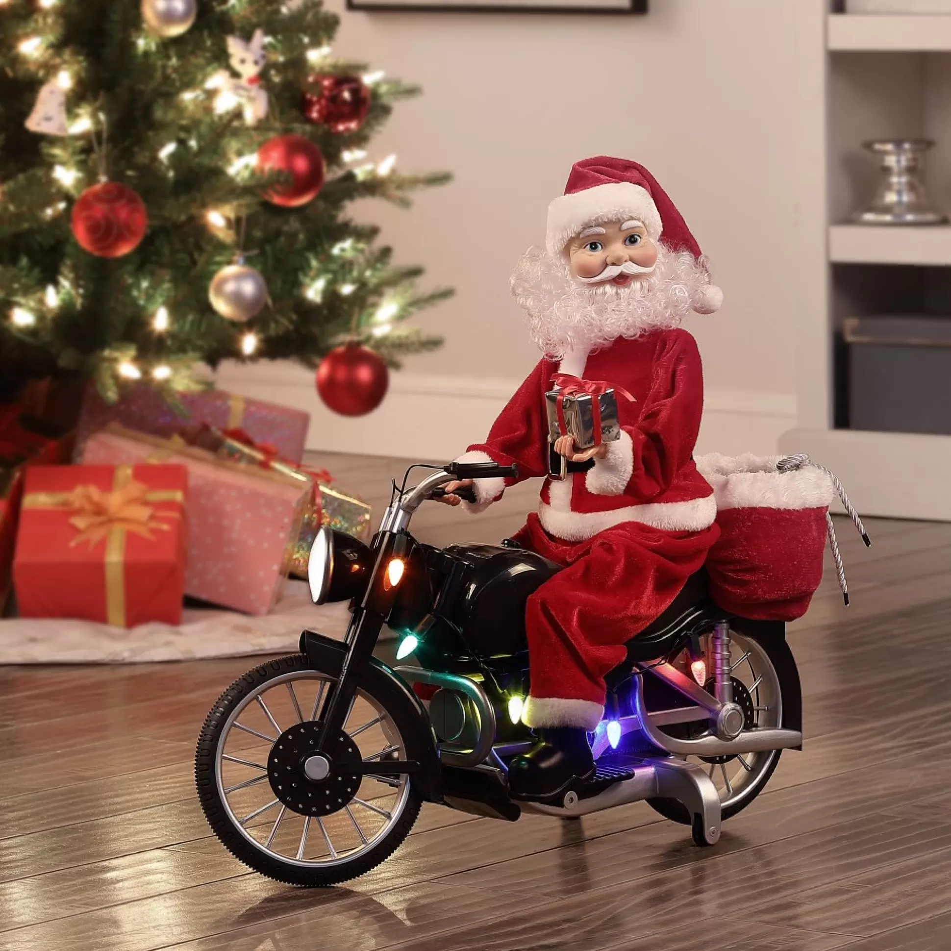 Hot Mr. Christmas 20" Animated Motorcycling Santa - White
