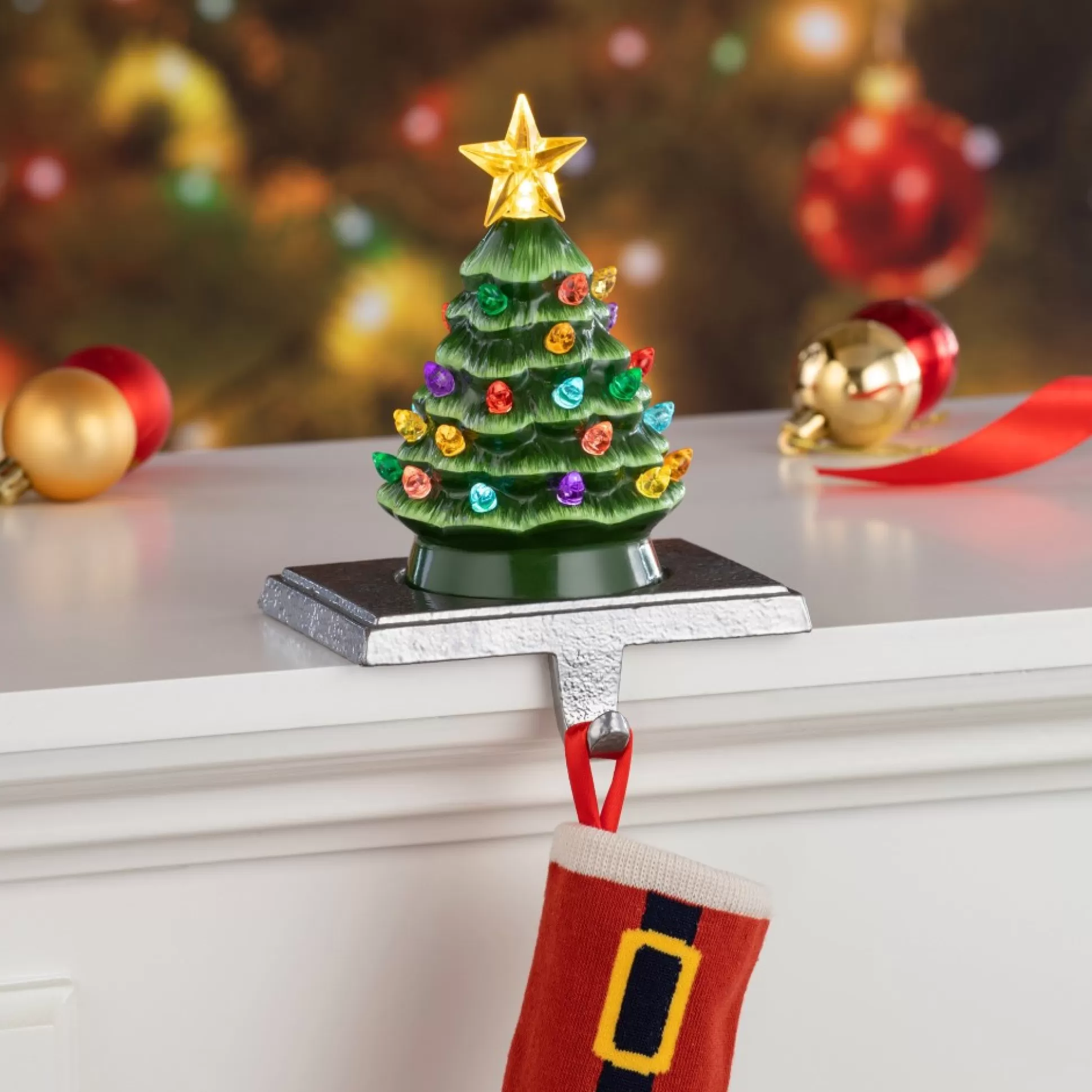 Cheap Mr. Christmas 5" Illuminated Ceramic Stocking Hanger - Green Tree