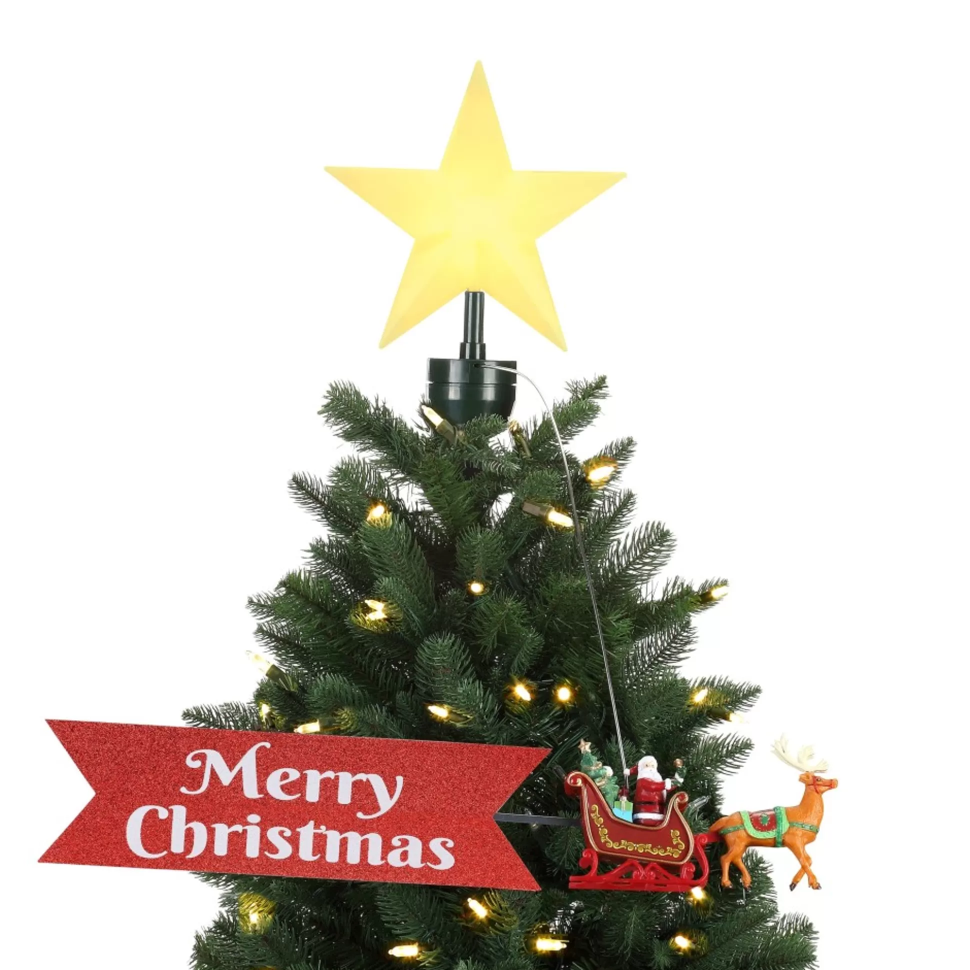 New Mr. Christmas Animated Sleigh Tree Topper With Banner - White Santa