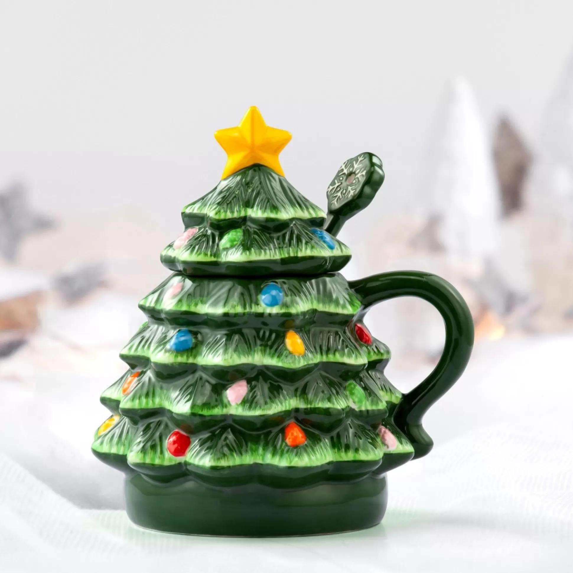Clearance Mr. Christmas Nostalgic Ceramic Tree Lidded Mug With Spoon - Green