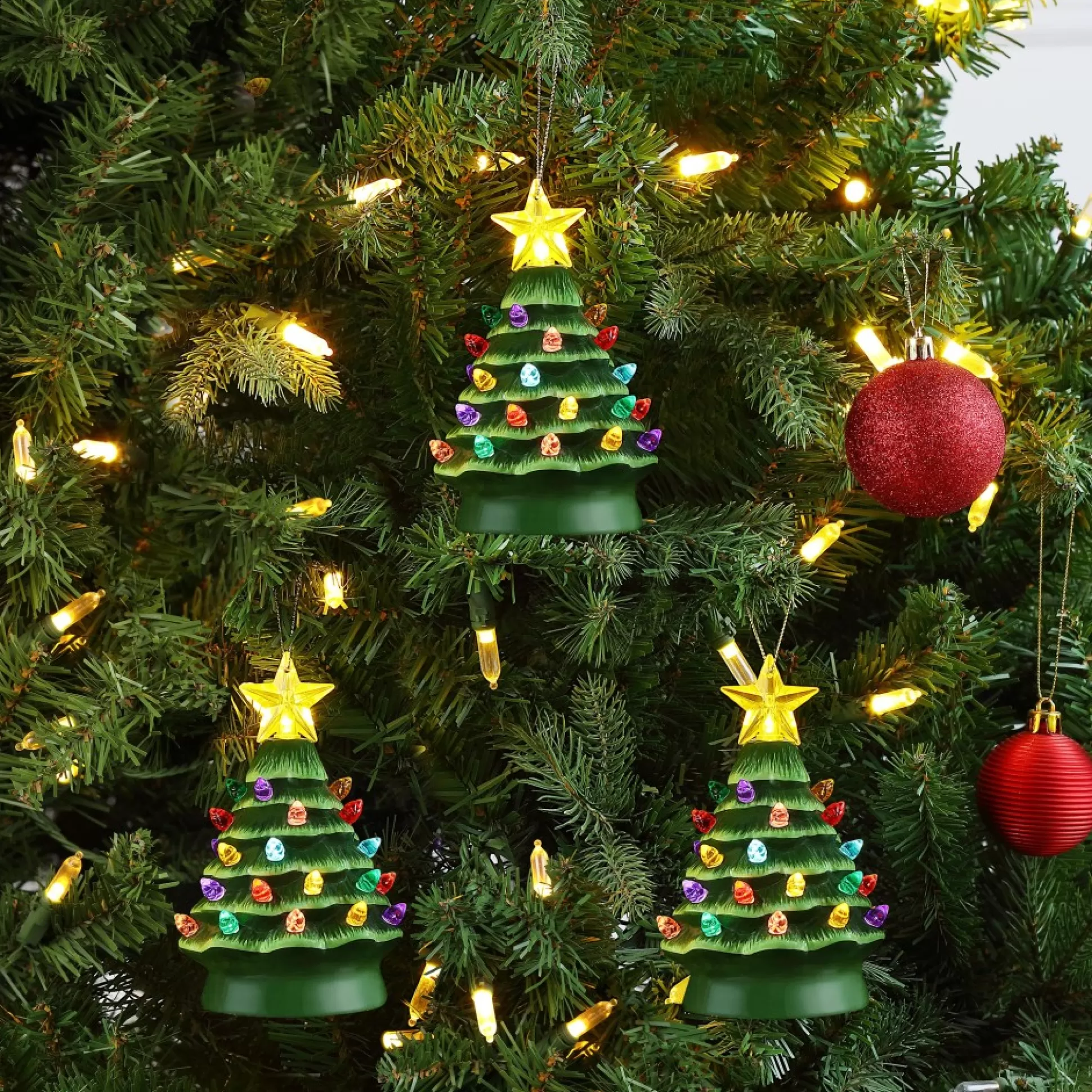 Flash Sale Mr. Christmas Set Of 3 Nostalgic Ceramic Tree Ornaments - Green